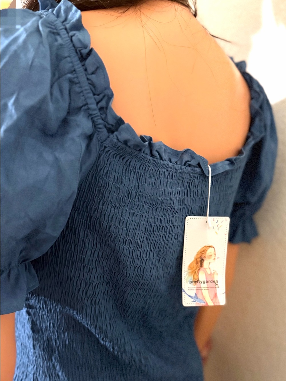 Smocked Square-Neck Midi Dress with Puff Sleeves - Picture 3 of 5